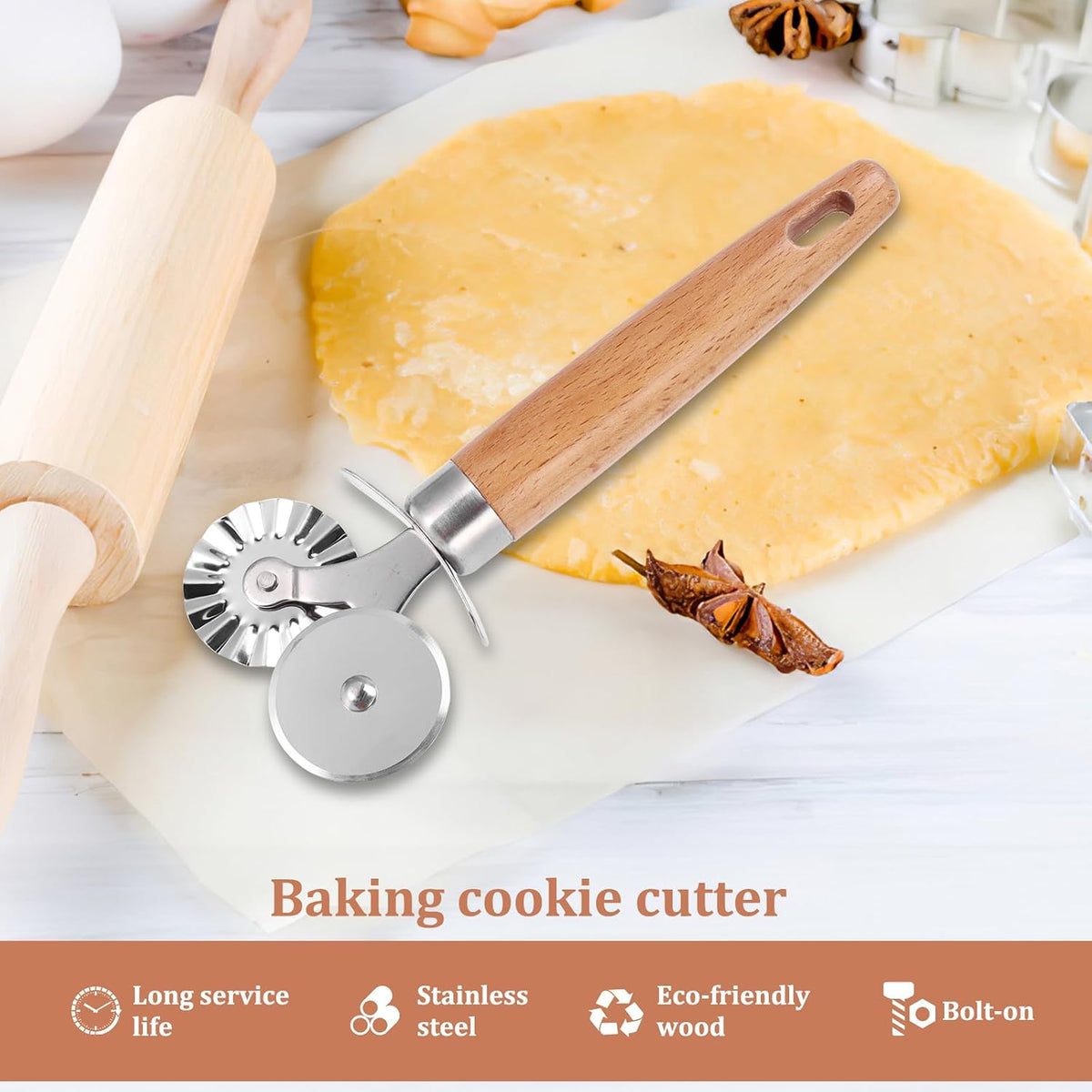 Pastry Cutter Wheel, Ravioli Cutter Wheel with Long Wooden Handle | Pasta Cutter Dumpling Lace Making Noodle Ruffled Edge Cookies Pie Cutter Kitchen Dough Cutting Tool
