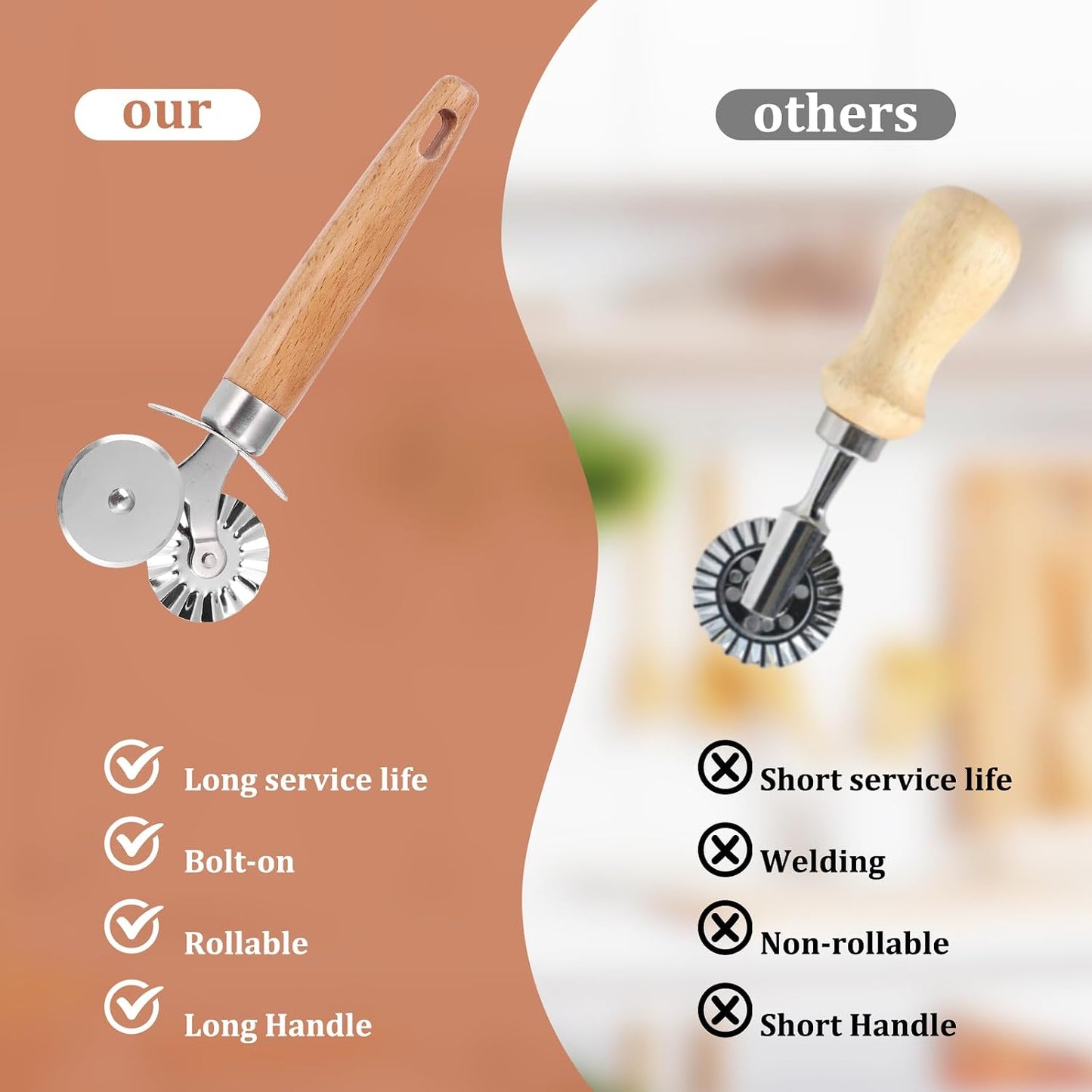 Pastry Cutter Wheel, Ravioli Cutter Wheel with Long Wooden Handle | Pasta Cutter Dumpling Lace Making Noodle Ruffled Edge Cookies Pie Cutter Kitchen Dough Cutting Tool