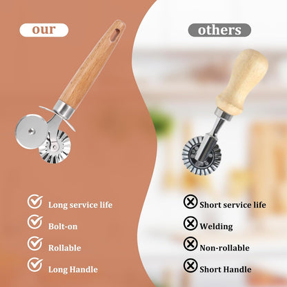 Pastry Cutter Wheel, Ravioli Cutter Wheel with Long Wooden Handle | Pasta Cutter Dumpling Lace Making Noodle Ruffled Edge Cookies Pie Cutter Kitchen Dough Cutting Tool