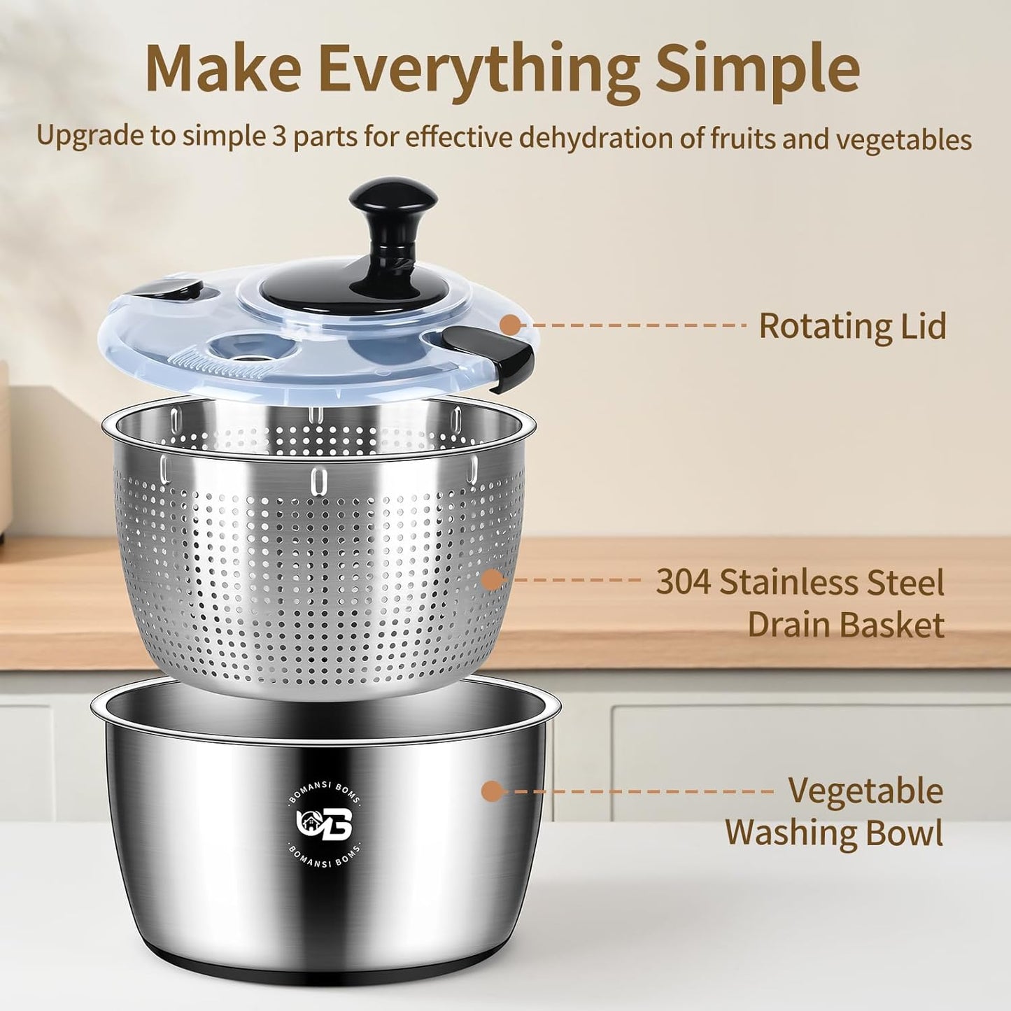 5.3 Qt Stainless Steel Salad Spinner, Vegetable Spinners, Lettuce Spinner, Fruit Washer, Large Salad Spinners, Dishwasher Safe, 304 Stainless Steel Bowl & Basket