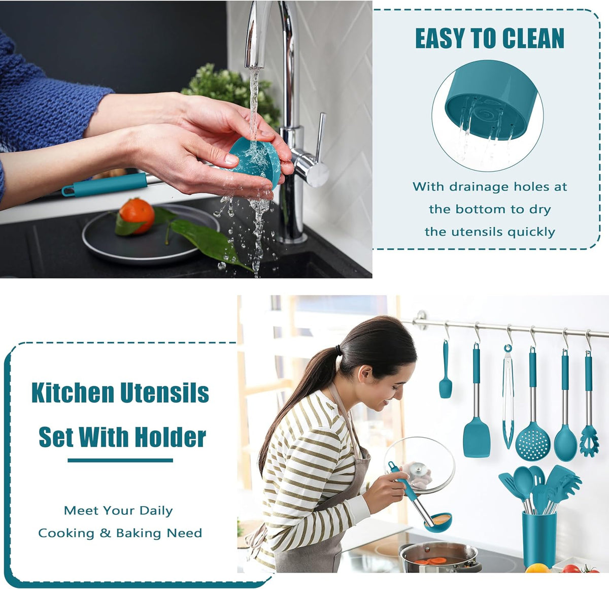 14-PCS Silicone Cooking Utensils Set, Kitchen Utensils Set w/Holder