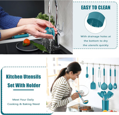 14-PCS Silicone Cooking Utensils Set, Kitchen Utensils Set w/Holder