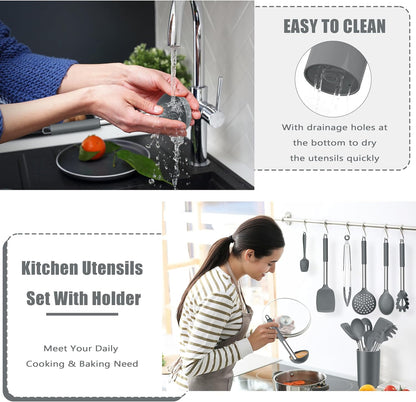 14-PCS Silicone Cooking Utensils Set, Kitchen Utensils Set w/Holder