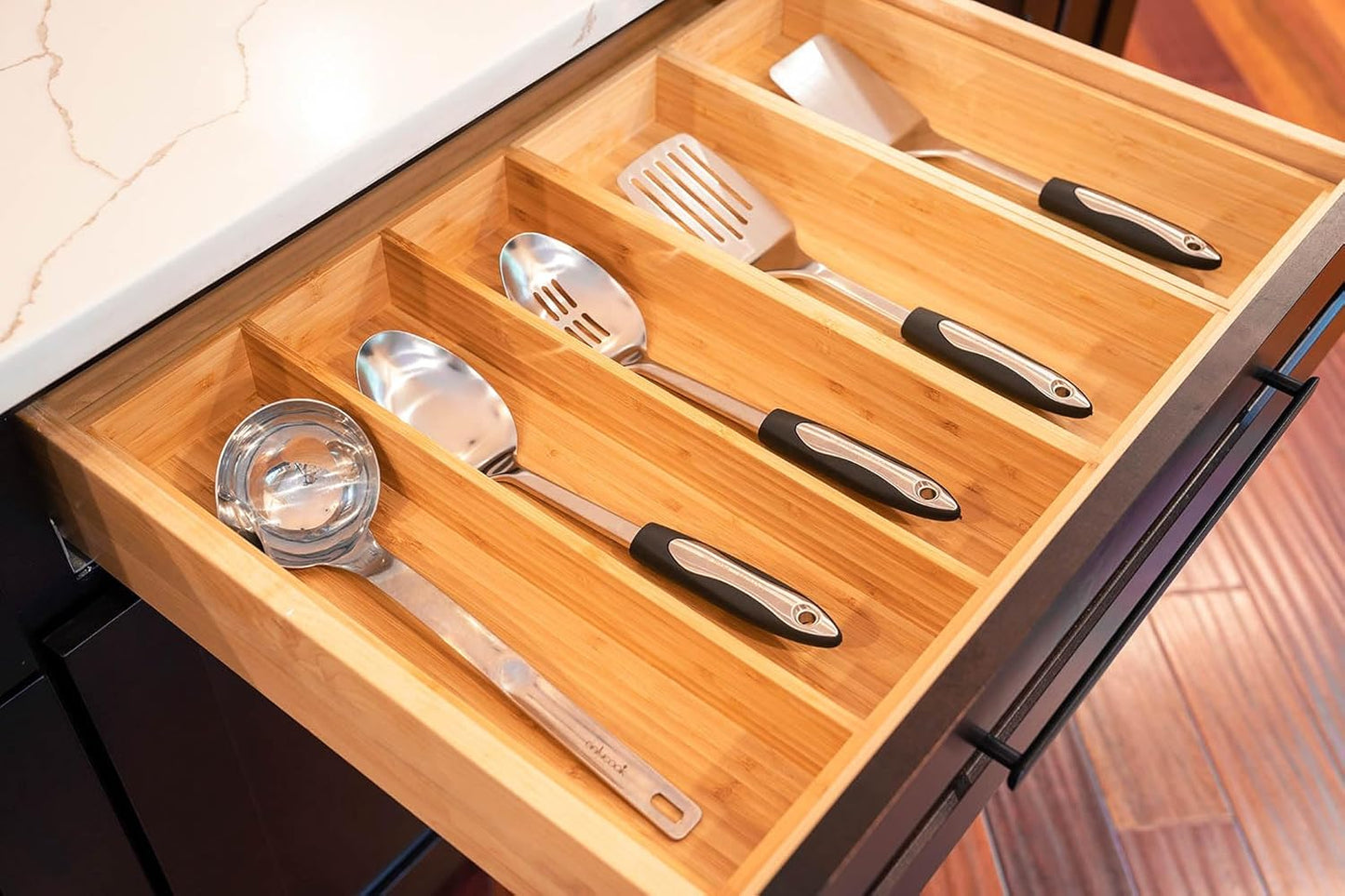 Bamboo Kitchen Drawer Organizer, 13 Inch Silverware Utensil Tray Holder, Extra Deep Grooved Drawer Divider, 7 Slots Total Bamboo Wood Caddy for Flatware Cutlery Knives, Forks, Spoons