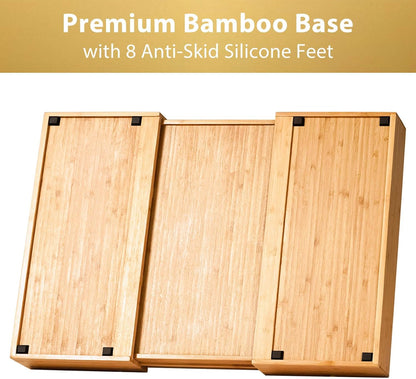 Bamboo Kitchen Drawer Organizer, 13 Inch Silverware Utensil Tray Holder, Extra Deep Grooved Drawer Divider, 7 Slots Total Bamboo Wood Caddy for Flatware Cutlery Knives, Forks, Spoons