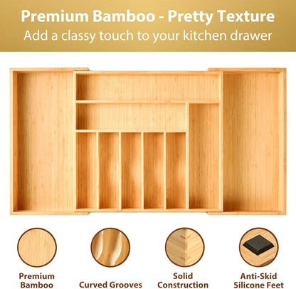 Bamboo Kitchen Drawer Organizer, 13 Inch Silverware Utensil Tray Holder, Extra Deep Grooved Drawer Divider, 7 Slots Total Bamboo Wood Caddy for Flatware Cutlery Knives, Forks, Spoons