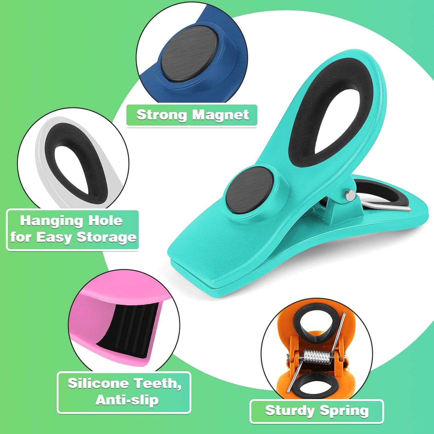 12 Pack Chip Clips, Bag Clips for Food, Magnetic Sealers for Chips and Other Food, Plastic Bag Clip for Kitchen, Fridge, Clothes, Sewing and Artwork (Green)