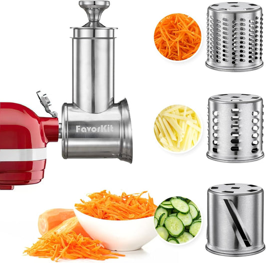 Slicer Shredder Attachment for KitchenAid Mixers, Stainless Steel Cheese Grater Vegetable Salad Maker Accessories with 3 Cutting Blades,Dishwasher Safe!