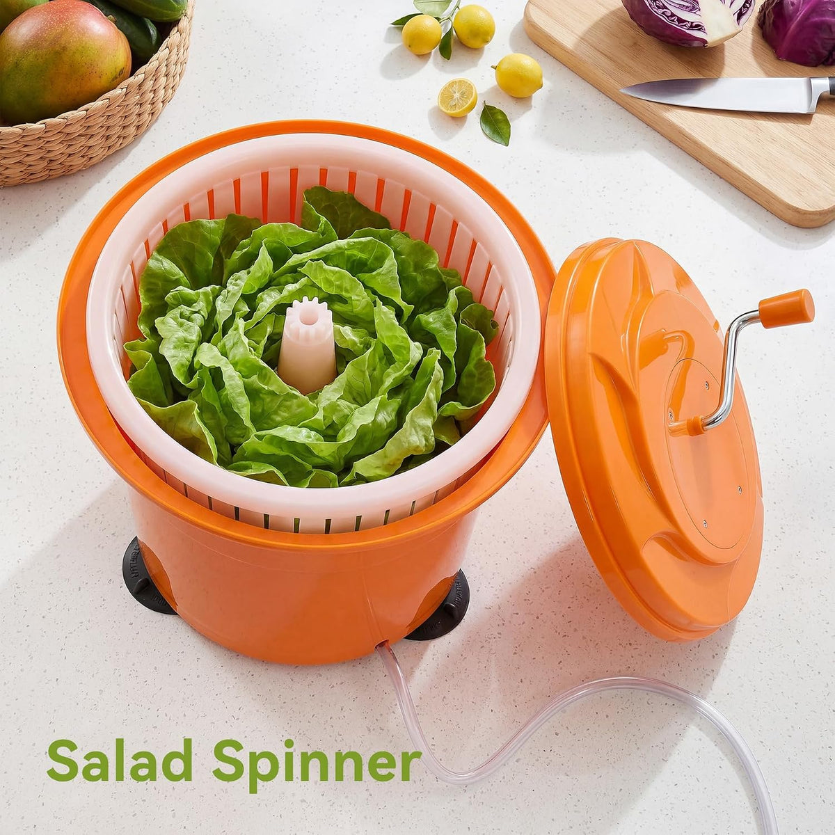 Commercial Salad Spinner, 6.6 Gal / 26.42 Qt Salad Spinner with 4.92 ft Drain Tube & Anti-Slip Feet, Large Manual Lettuce Spinner for Catering, Home, Farm