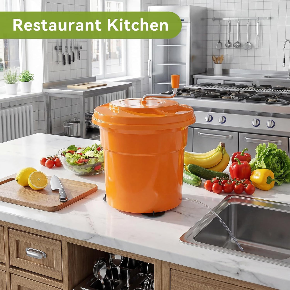 Commercial Salad Spinner, 6.6 Gal / 26.42 Qt Salad Spinner with 4.92 ft Drain Tube & Anti-Slip Feet, Large Manual Lettuce Spinner for Catering, Home, Farm