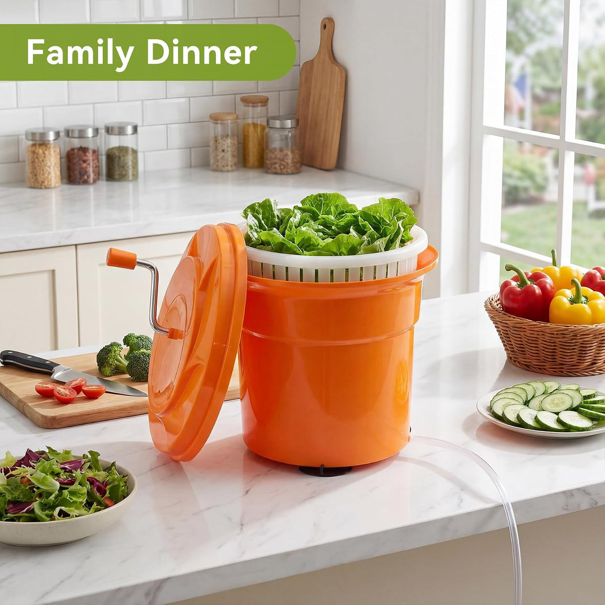 Commercial Salad Spinner, 6.6 Gal / 26.42 Qt Salad Spinner with 4.92 ft Drain Tube & Anti-Slip Feet, Large Manual Lettuce Spinner for Catering, Home, Farm