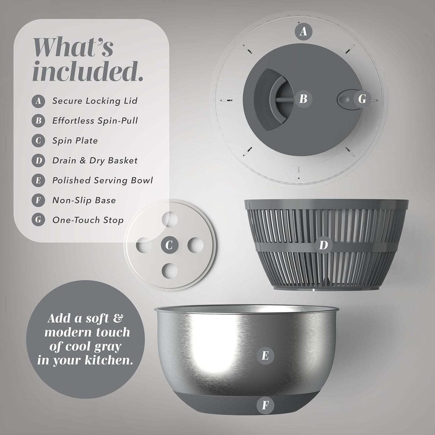 Stainless Steel Salad Spinner - 5 Qt. Lettuce Washer And Vegetable Spinner Dryer for Easy Salad Prep - Non Slip Base with Pull Handle - Auto Stop Brake System, Stain and Odor Resistant