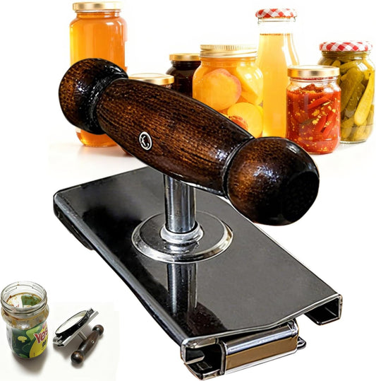 Jar Opener, Adjustable Stainless Steel Jaw & Ergonomic Oak Handle | Clamp-first cap crack manual lid opener for weak hands. Adjustable jaw fits 1.5-4 inch jars & bottles. Battery-free