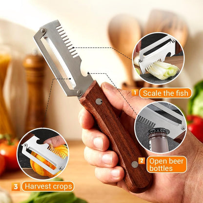 Multifunctional Vegetable Peeler, 3-in-1 Peelers For Kitchen with Bottle Opener, Sharp Stainless Steel Swivel Blade, Wooden Handle, For Vegetables or Fruits that Need to Be Peeled (3)1PCS