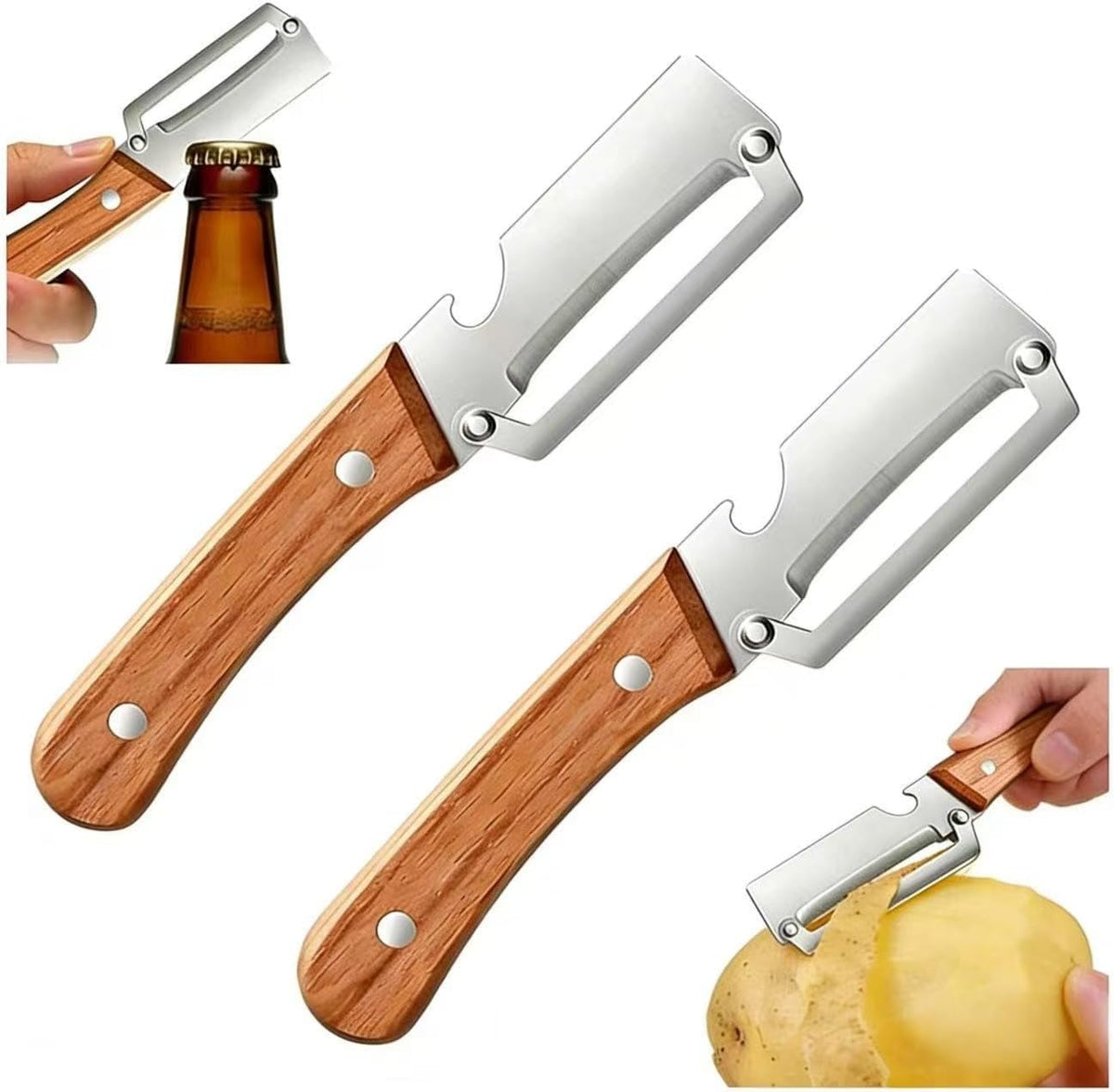 Multifunctional Vegetable Peeler, 3-in-1 Peelers For Kitchen with Bottle Opener, Sharp Stainless Steel Swivel Blade, Wooden Handle, For Vegetables or Fruits that Need to Be Peeled (3)1PCS