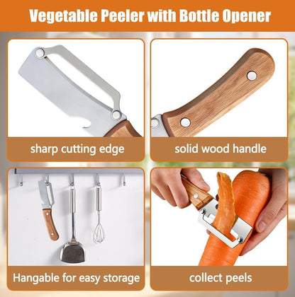 Multifunctional Vegetable Peeler, 3-in-1 Peelers For Kitchen with Bottle Opener, Sharp Stainless Steel Swivel Blade, Wooden Handle, For Vegetables or Fruits that Need to Be Peeled (3)1PCS