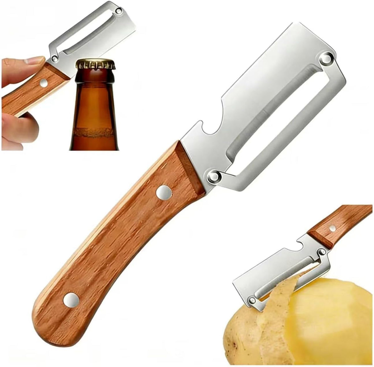 Multifunctional Vegetable Peeler, 3-in-1 Peelers For Kitchen with Bottle Opener, Sharp Stainless Steel Swivel Blade, Wooden Handle, For Vegetables or Fruits that Need to Be Peeled (3)1PCS