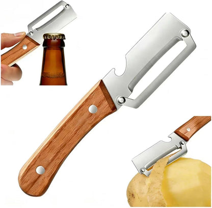 Multifunctional Vegetable Peeler, 3-in-1 Peelers For Kitchen with Bottle Opener, Sharp Stainless Steel Swivel Blade, Wooden Handle, For Vegetables or Fruits that Need to Be Peeled (3)1PCS
