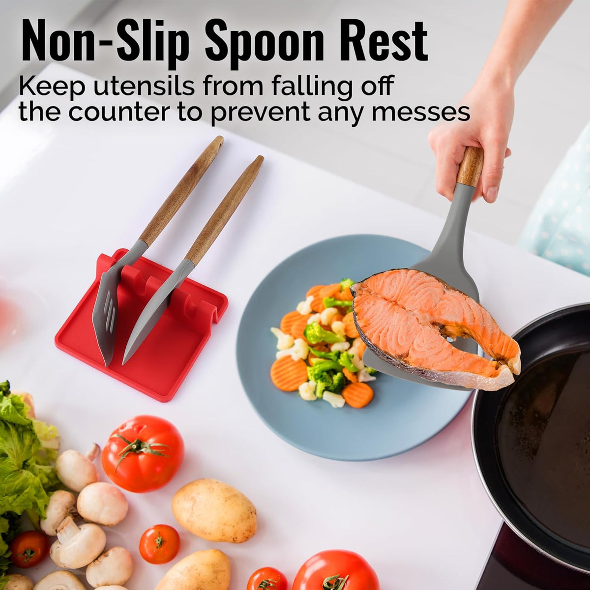 Spoon Rest for Multiple Utensils High Heat-Resistant Silicone Drip Pad, BPA-Free Spoon Holder for Stove Top, Kitchen Gadget Holder for Ladles, Tongs, Cooking Spatula - Makes Great Gift