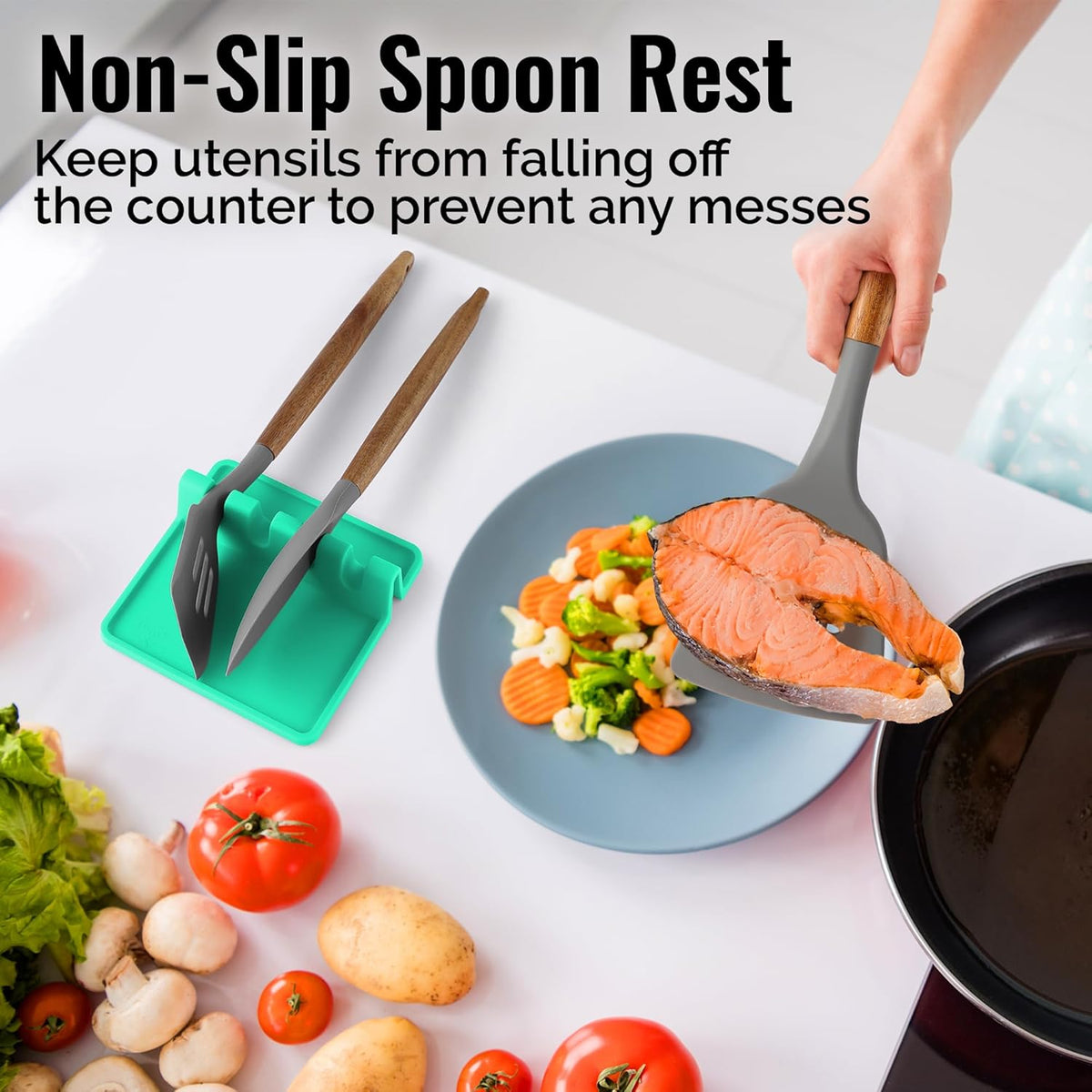 Spoon Rest for Multiple Utensils High Heat-Resistant Silicone Drip Pad, BPA-Free Spoon Holder for Stove Top, Kitchen Gadget Holder for Ladles, Tongs, Cooking Spatula - Makes Great Gift