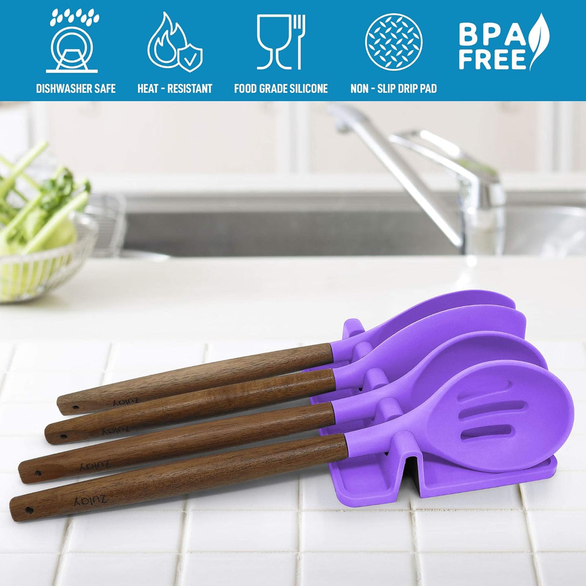 Spoon Rest for Multiple Utensils High Heat-Resistant Silicone Drip Pad, BPA-Free Spoon Holder for Stove Top, Kitchen Gadget Holder for Ladles, Tongs, Cooking Spatula - Makes Great Gift