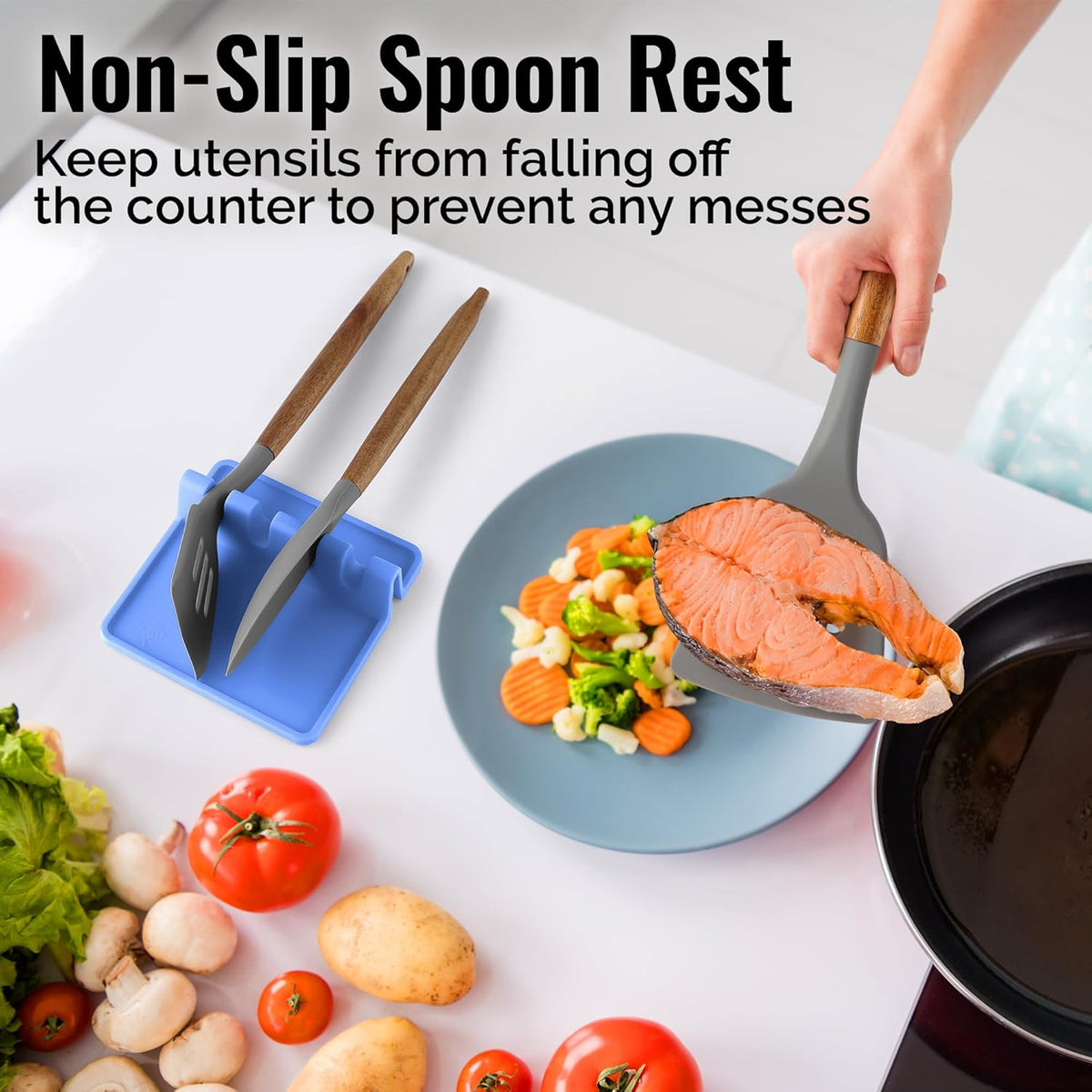 Spoon Rest for Multiple Utensils High Heat-Resistant Silicone Drip Pad, BPA-Free Spoon Holder for Stove Top, Kitchen Gadget Holder for Ladles, Tongs, Cooking Spatula - Makes Great Gift