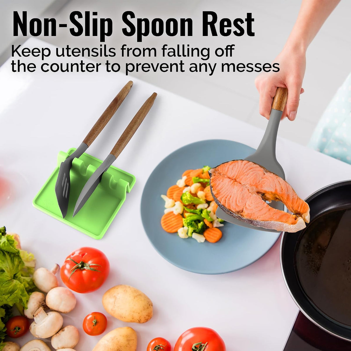 Spoon Rest for Multiple Utensils High Heat-Resistant Silicone Drip Pad, BPA-Free Spoon Holder for Stove Top, Kitchen Gadget Holder for Ladles, Tongs, Cooking Spatula - Makes Great Gift