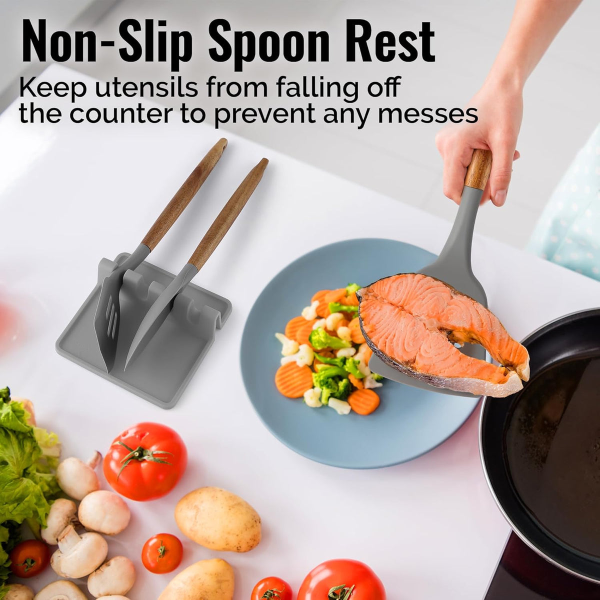 Spoon Rest for Multiple Utensils High Heat-Resistant Silicone Drip Pad, BPA-Free Spoon Holder for Stove Top, Kitchen Gadget Holder for Ladles, Tongs, Cooking Spatula - Makes Great Gift
