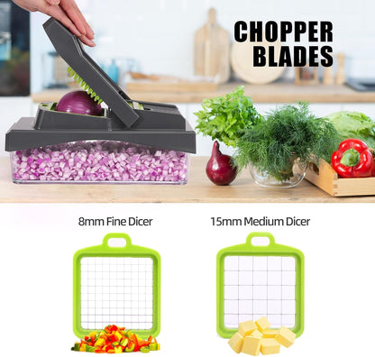 10-in-1 Vegetable Chopper – 6 Blade Veggie Chopper with Container, Food Dicer, Onion Cutter, Cheese Grater, Mandoline Slicer, Kitchen Gadgets & Home Essentials (Gray)