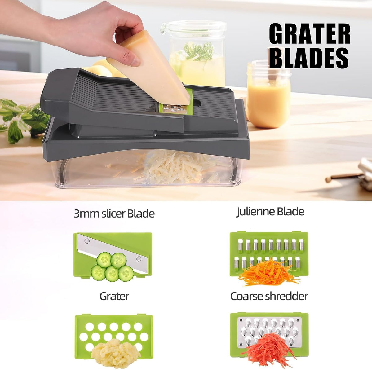 10-in-1 Vegetable Chopper – 6 Blade Veggie Chopper with Container, Food Dicer, Onion Cutter, Cheese Grater, Mandoline Slicer, Kitchen Gadgets & Home Essentials (Gray)