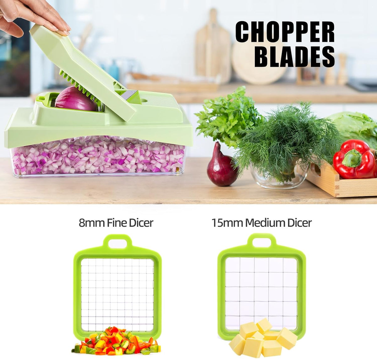 10-in-1 Vegetable Chopper – 6 Blade Veggie Chopper with Container, Food Dicer, Onion Cutter, Cheese Grater, Mandoline Slicer, Kitchen Gadgets & Home Essentials (Gray)