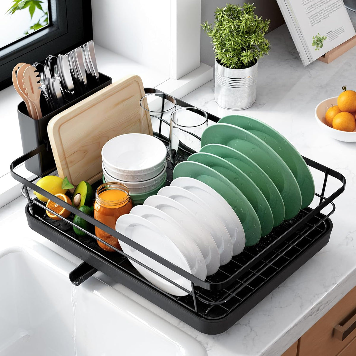 Dish Drying Rack for Kitchen Counter, 12''W x 15.5''L, Black | Stainless Steel Sink Organization, Cutlery Holder, Home and Appartment Decor