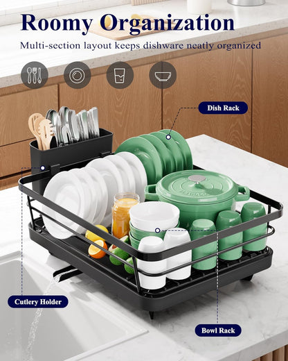 Dish Drying Rack for Kitchen Counter, 12''W x 15.5''L, Black | Stainless Steel Sink Organization, Cutlery Holder, Home and Appartment Decor