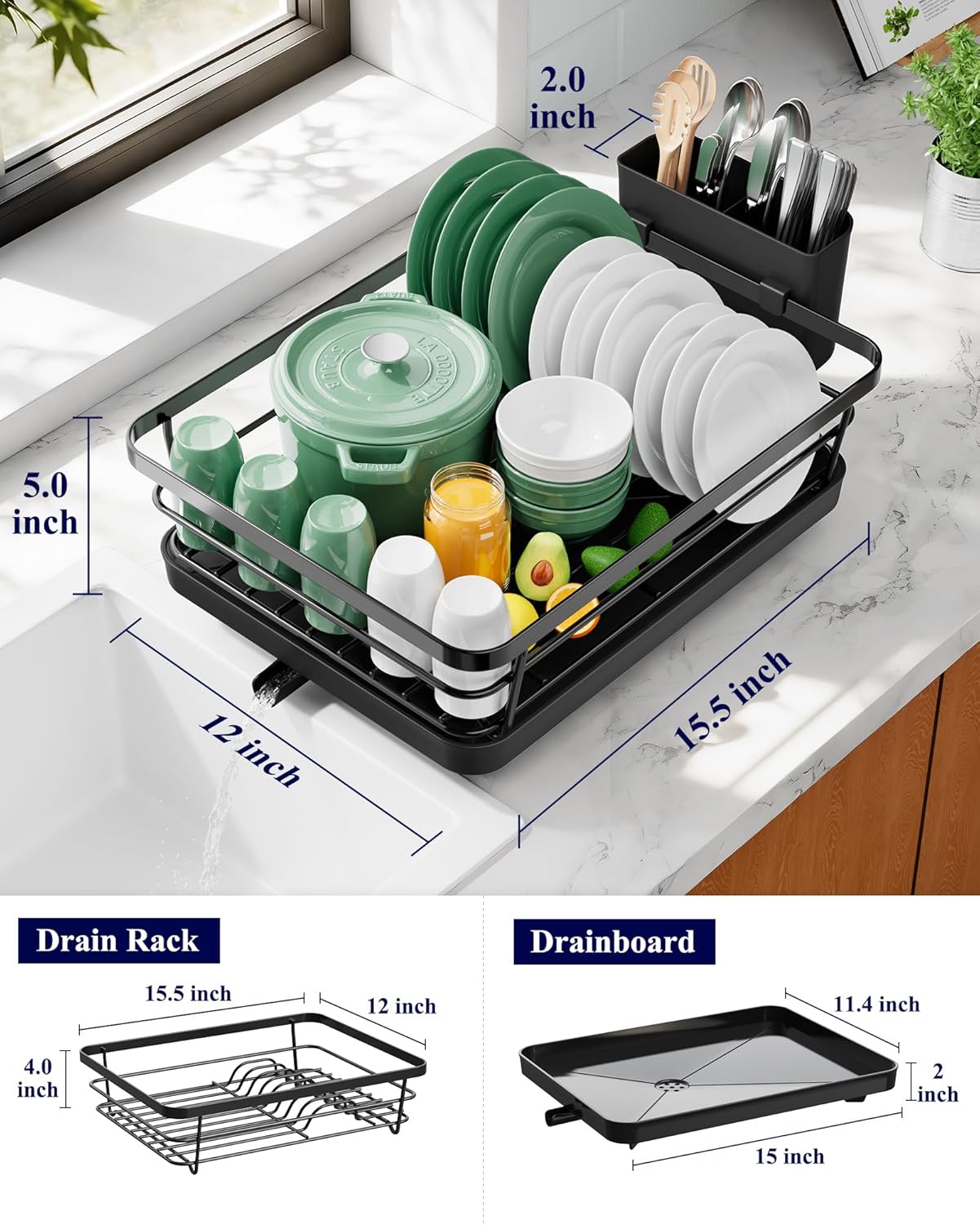 Dish Drying Rack for Kitchen Counter, 12''W x 15.5''L, Black | Stainless Steel Sink Organization, Cutlery Holder, Home and Appartment Decor