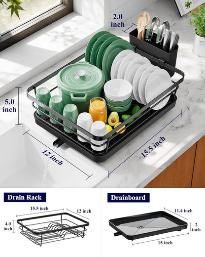 Dish Drying Rack for Kitchen Counter, 12''W x 15.5''L, Black | Stainless Steel Sink Organization, Cutlery Holder, Home and Appartment Decor