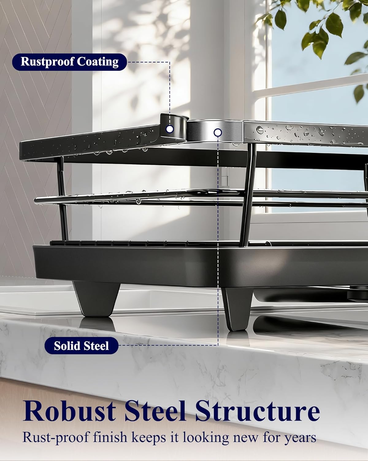 Dish Drying Rack for Kitchen Counter, 12''W x 15.5''L, Black | Stainless Steel Sink Organization, Cutlery Holder, Home and Appartment Decor