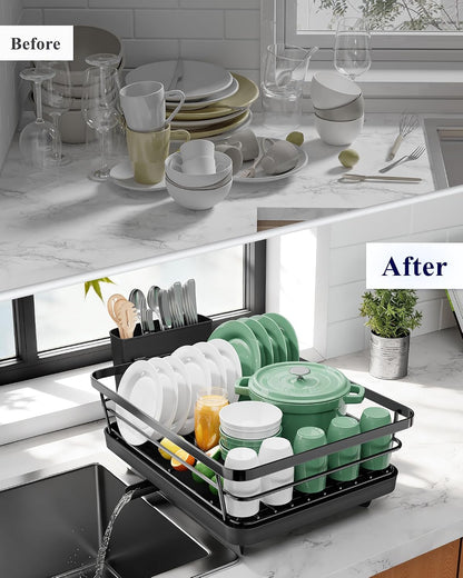 Dish Drying Rack for Kitchen Counter, 12''W x 15.5''L, Black | Stainless Steel Sink Organization, Cutlery Holder, Home and Appartment Decor