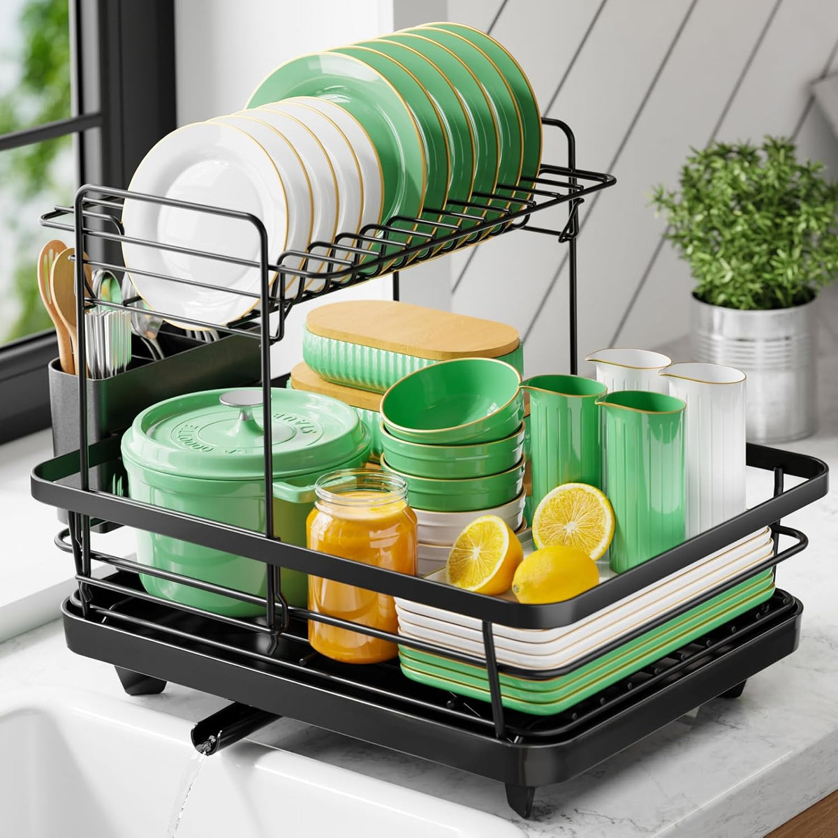 Dish Drying Rack for Kitchen Counter, 12''W x 15.5''L, Black | Stainless Steel Sink Organization, Cutlery Holder, Home and Appartment Decor