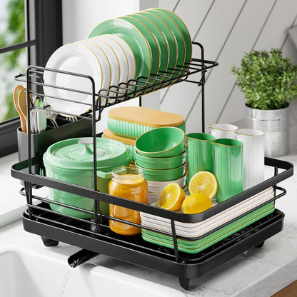 Dish Drying Rack for Kitchen Counter, 12''W x 15.5''L, Black | Stainless Steel Sink Organization, Cutlery Holder, Home and Appartment Decor