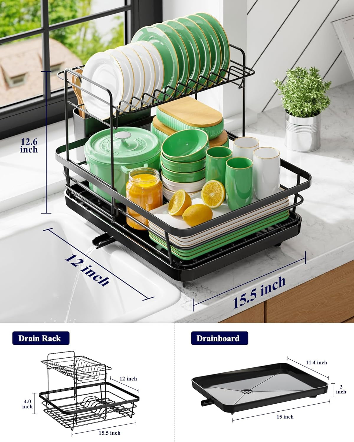 Dish Drying Rack for Kitchen Counter, 12''W x 15.5''L, Black | Stainless Steel Sink Organization, Cutlery Holder, Home and Appartment Decor