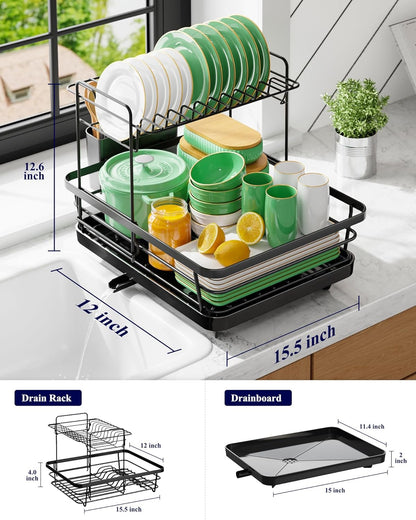 Dish Drying Rack for Kitchen Counter, 12''W x 15.5''L, Black | Stainless Steel Sink Organization, Cutlery Holder, Home and Appartment Decor