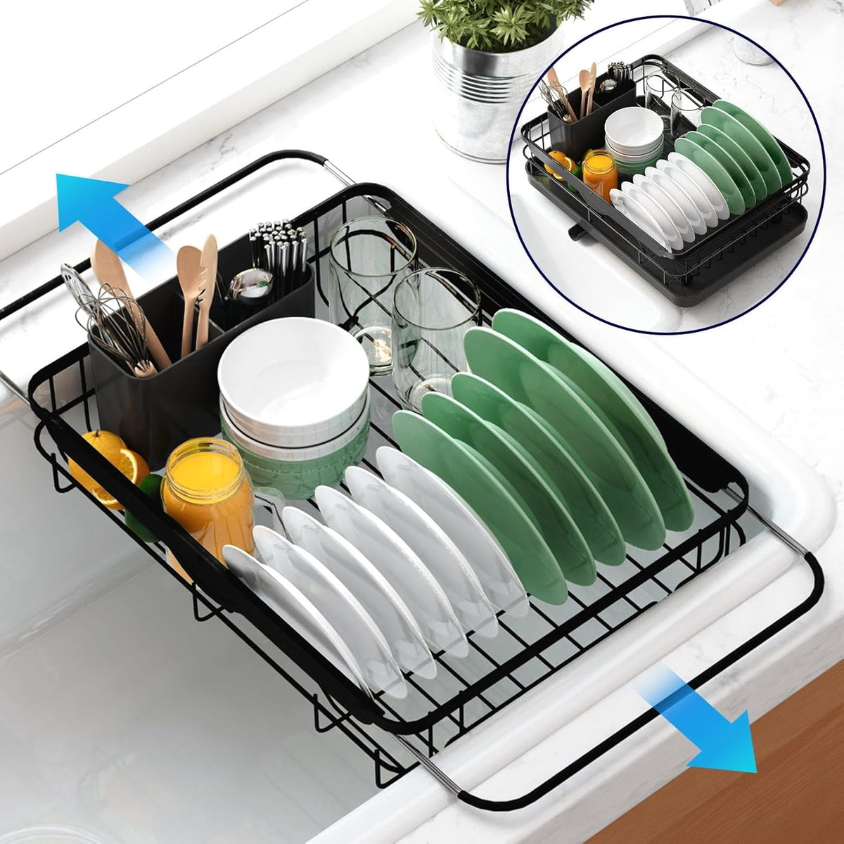 Dish Drying Rack for Kitchen Counter, 12''W x 15.5''L, Black | Stainless Steel Sink Organization, Cutlery Holder, Home and Appartment Decor