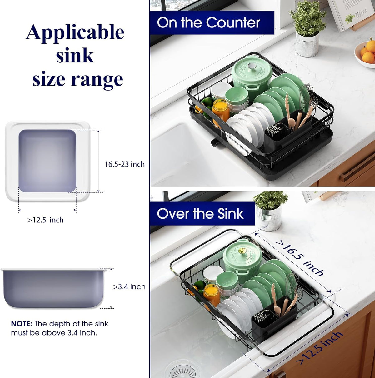 Dish Drying Rack for Kitchen Counter, 12''W x 15.5''L, Black | Stainless Steel Sink Organization, Cutlery Holder, Home and Appartment Decor