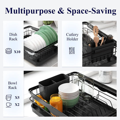 Dish Drying Rack for Kitchen Counter, 12''W x 15.5''L, Black | Stainless Steel Sink Organization, Cutlery Holder, Home and Appartment Decor