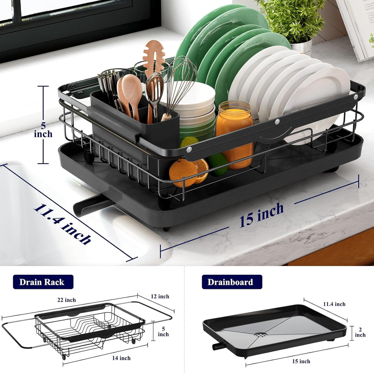 Dish Drying Rack for Kitchen Counter, 12''W x 15.5''L, Black | Stainless Steel Sink Organization, Cutlery Holder, Home and Appartment Decor