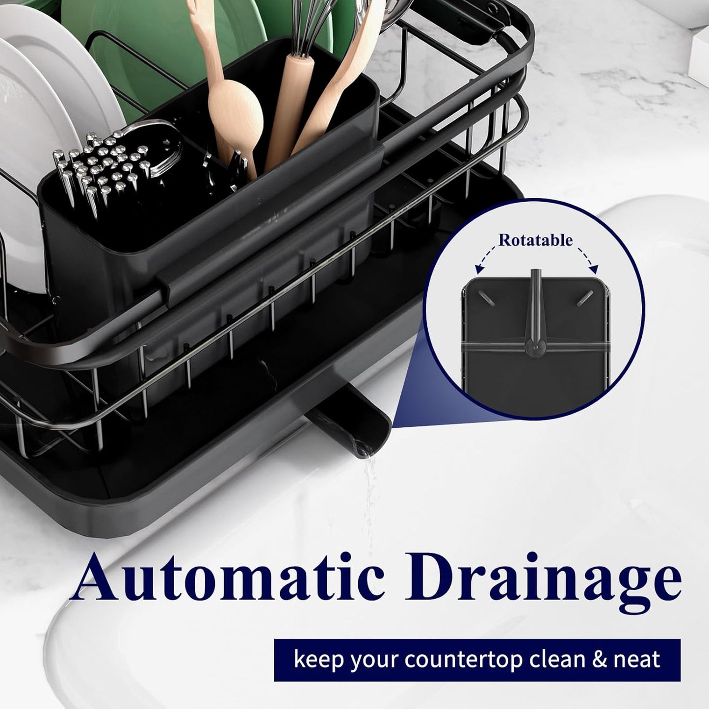 Dish Drying Rack for Kitchen Counter, 12''W x 15.5''L, Black | Stainless Steel Sink Organization, Cutlery Holder, Home and Appartment Decor