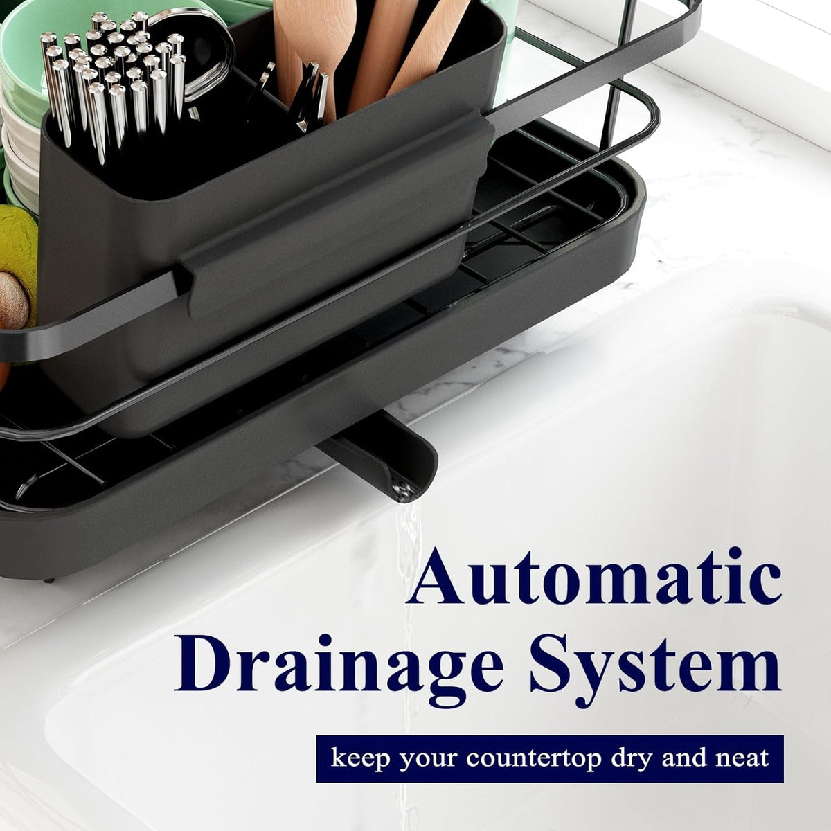 Dish Drying Rack for Kitchen Counter, 12''W x 15.5''L, Black | Stainless Steel Sink Organization, Cutlery Holder, Home and Appartment Decor