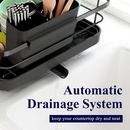 Dish Drying Rack for Kitchen Counter, 12''W x 15.5''L, Black | Stainless Steel Sink Organization, Cutlery Holder, Home and Appartment Decor