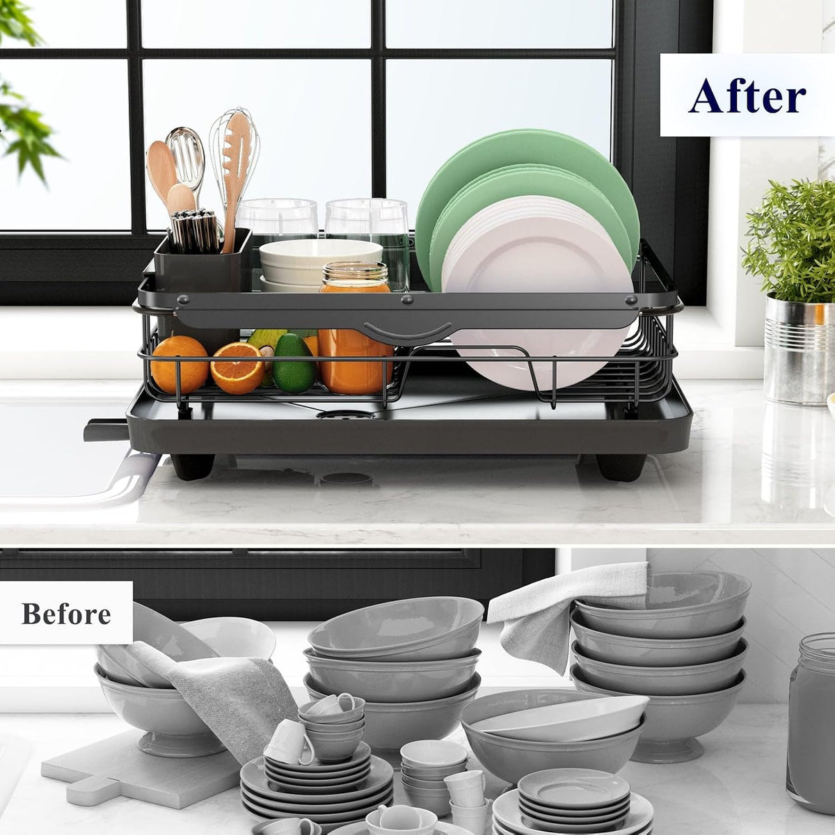 Dish Drying Rack for Kitchen Counter, 12''W x 15.5''L, Black | Stainless Steel Sink Organization, Cutlery Holder, Home and Appartment Decor