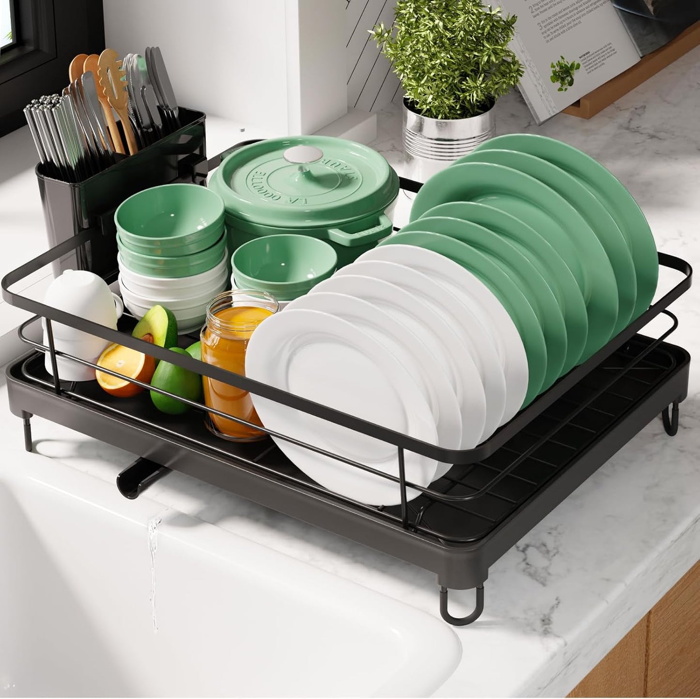 Dish Drying Rack for Kitchen Counter, 12''W x 15.5''L, Black | Stainless Steel Sink Organization, Cutlery Holder, Home and Appartment Decor